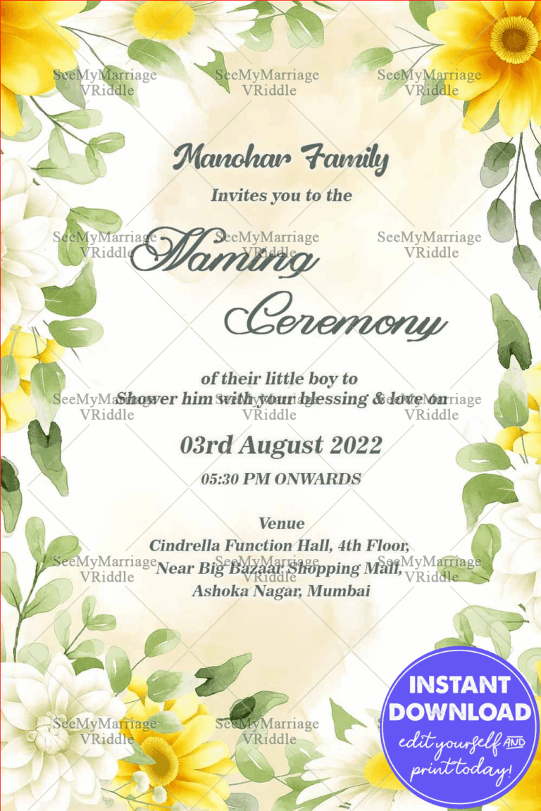 Garden Flower Theme Naming Ceremony Invitation Card