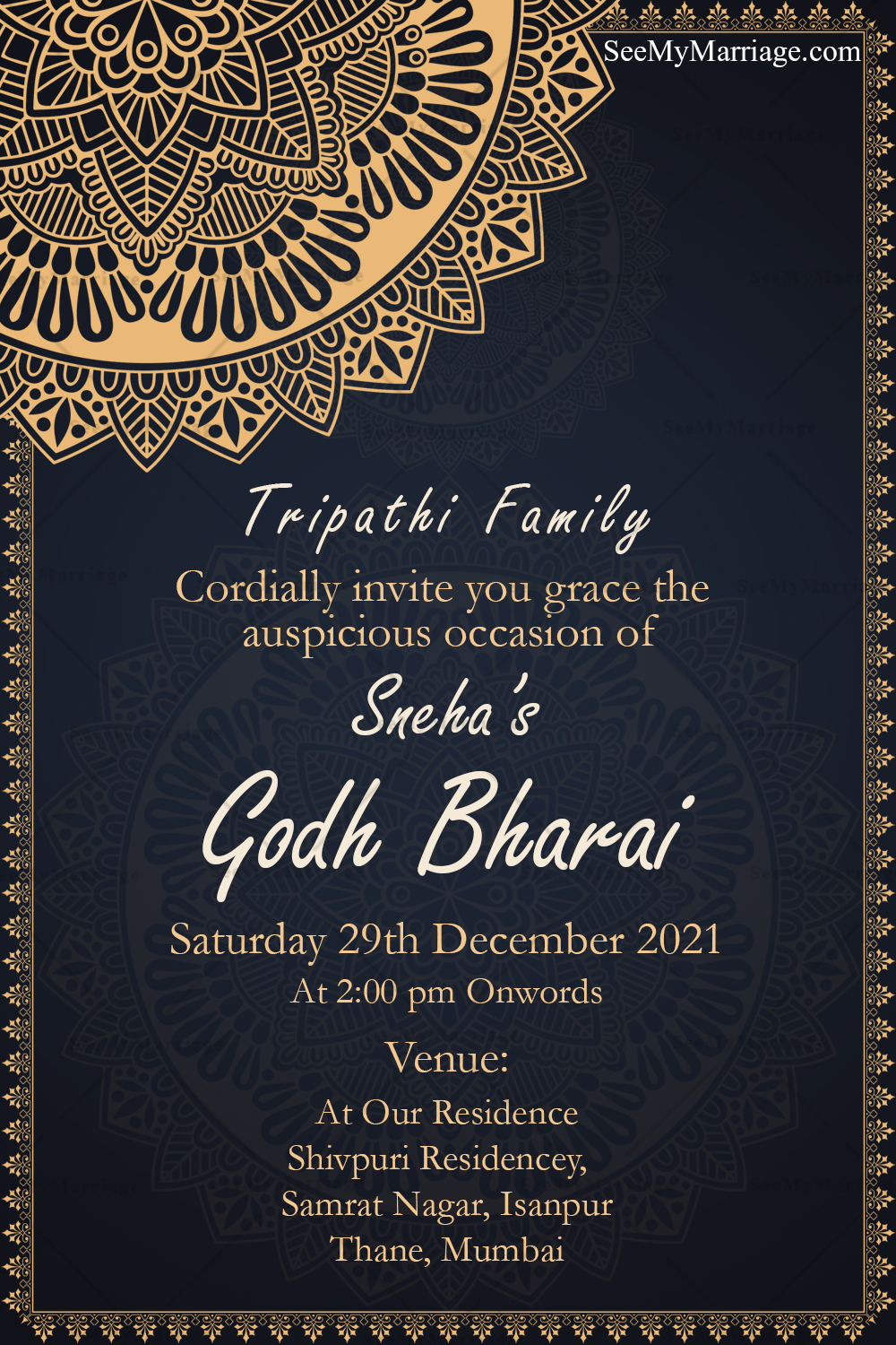 Golden Mandala Design Godh Bharai Invitation Card With Navy Blue Theme
