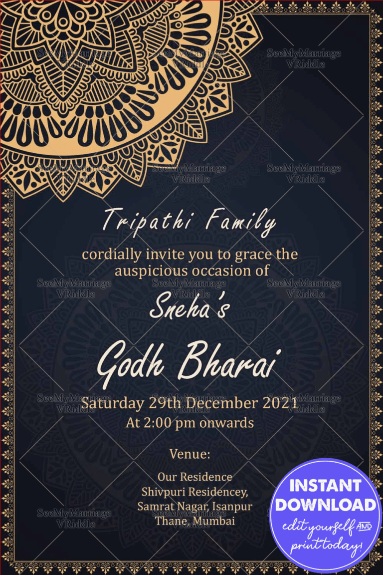 Golden Mandala Design Godh Bharai Invitation Card With Navy Blue Theme