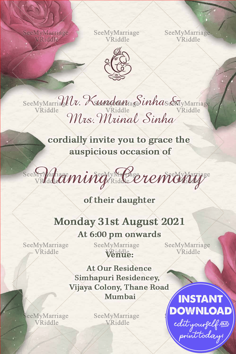 Green Leaf Theme Simple Naming Ceremony Invitation Card Decorated With Rose Flowers