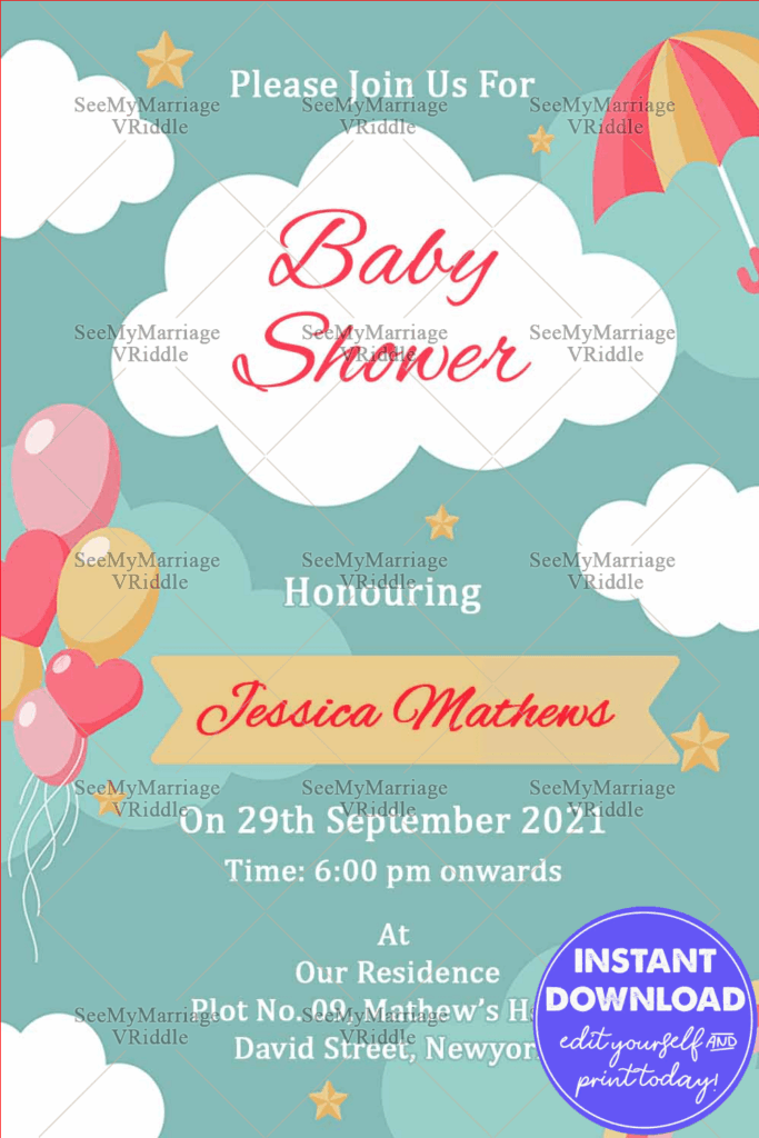Green Theme Baby Shower Invitation Card Decorated With Rainbow And Umbrella
