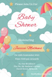 Green Theme Baby Shower Invitation Card Decorated With Rainbow And Umbrella