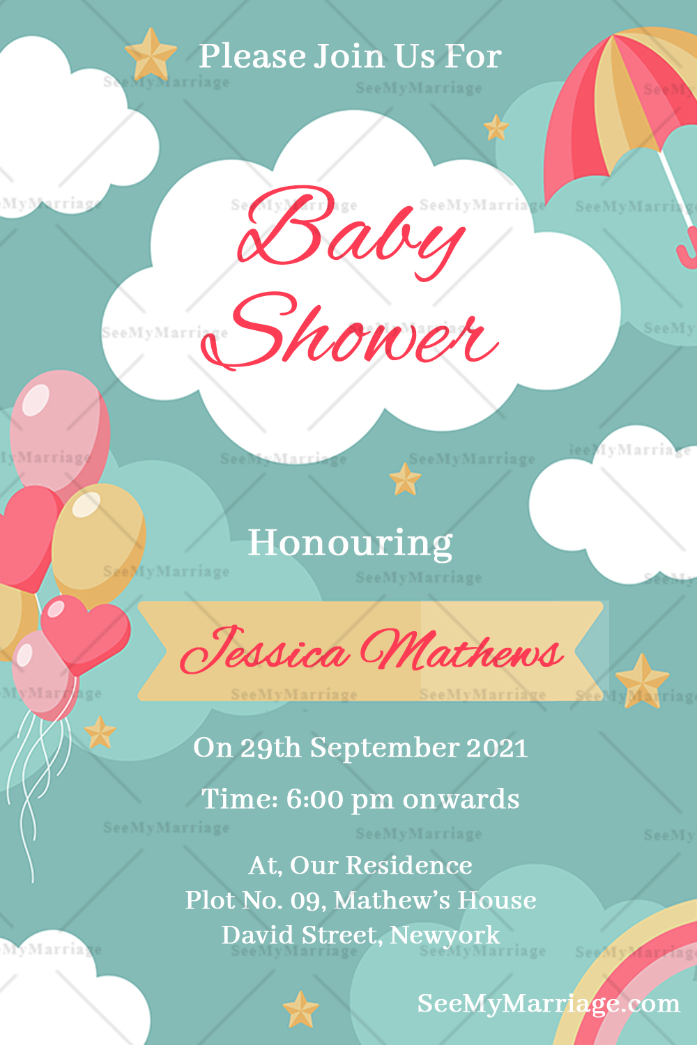 Green Theme Baby Shower Invitation Card Decorated With Rainbow And Umbrella