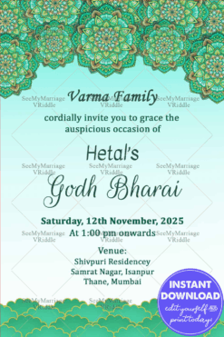 Light Mint Green Godh Bharai Invitation Card With Modern Mandala Design