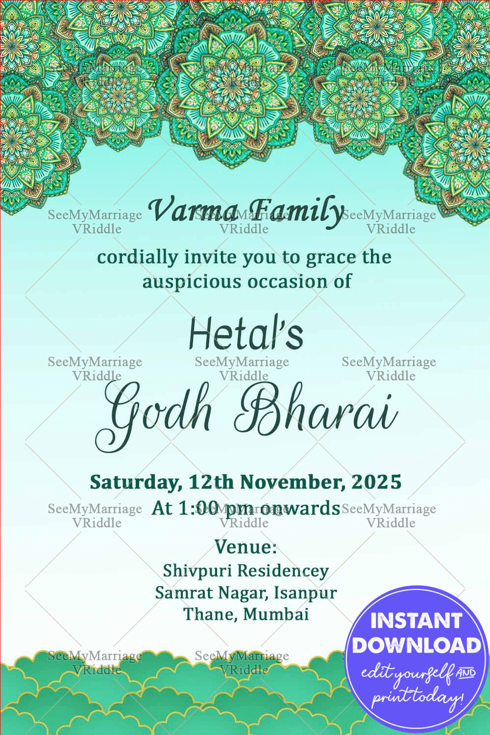 Light Green &amp; Mint Godh Bharai Invitation Card With Modern Mandala Design
