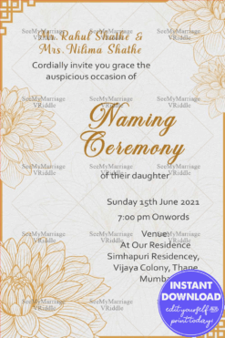 Lotus Floral & Golden Frame Theme Naming Ceremony Invitation Card