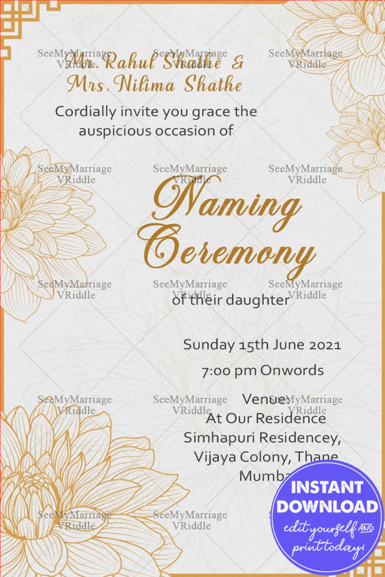 Lotus Floral &amp; Golden Frame Theme Naming Ceremony Invitation Card