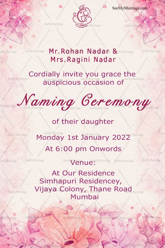 Simple Light Pink Theme Naming Ceremony Invitation Card – SeeMyMarriage