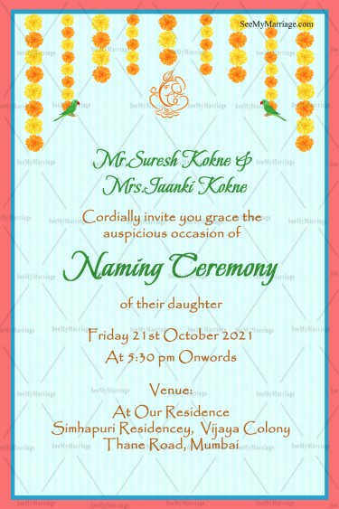 Traditional Simple Naming Ceremony Invitation Card In Sky Blue Theme With Orange Border