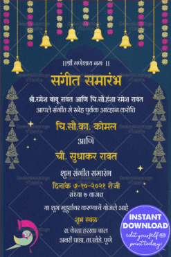 Navy Blue Theme Sangeet Invitation Card In Marati Decorated With Hanging Florals And Bells