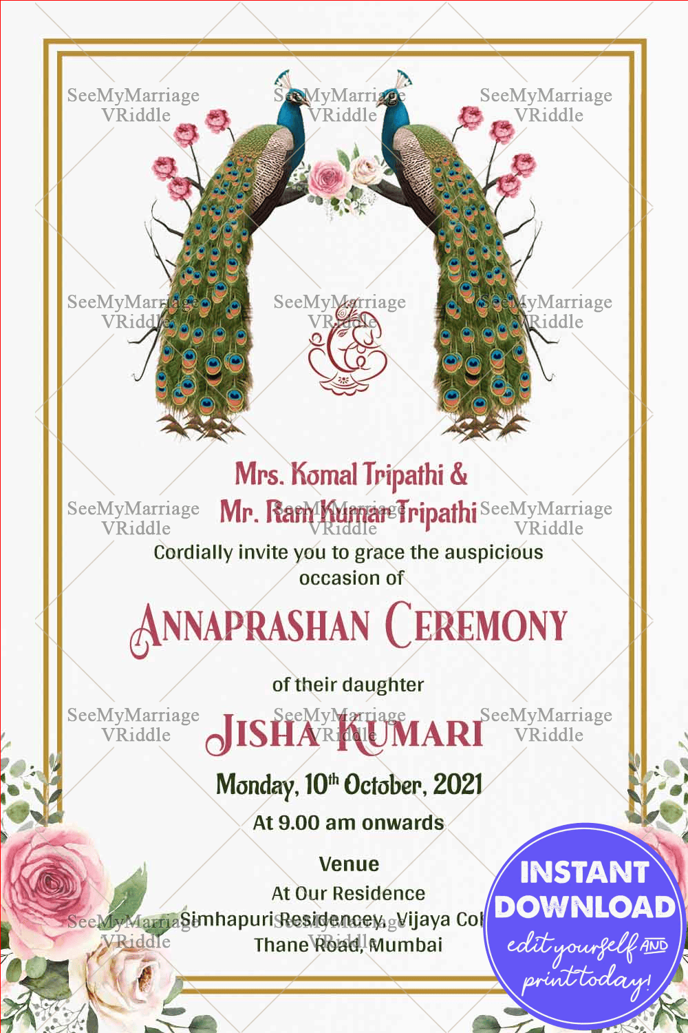 Peacock And Red Roses Theme Baby First Rice Eating Ceremony Invitation Card