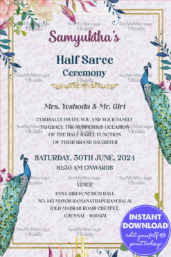 Peacock Theme Half Saree Ceremony Invitation Card
