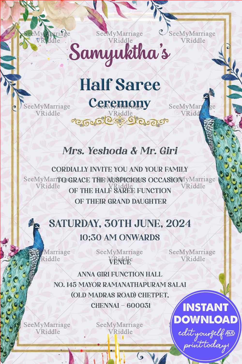 Peacock Theme Half Saree Ceremony Invitation Card