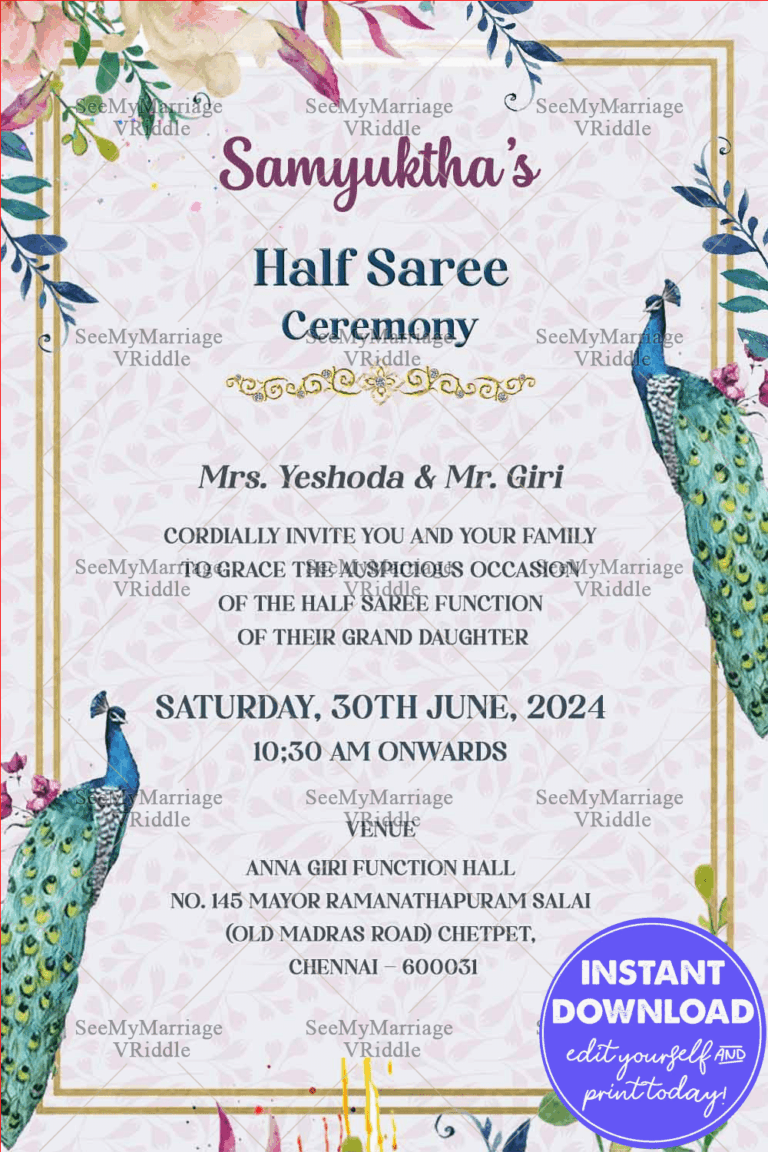 Peacock Theme Half Saree Ceremony Invitation Card