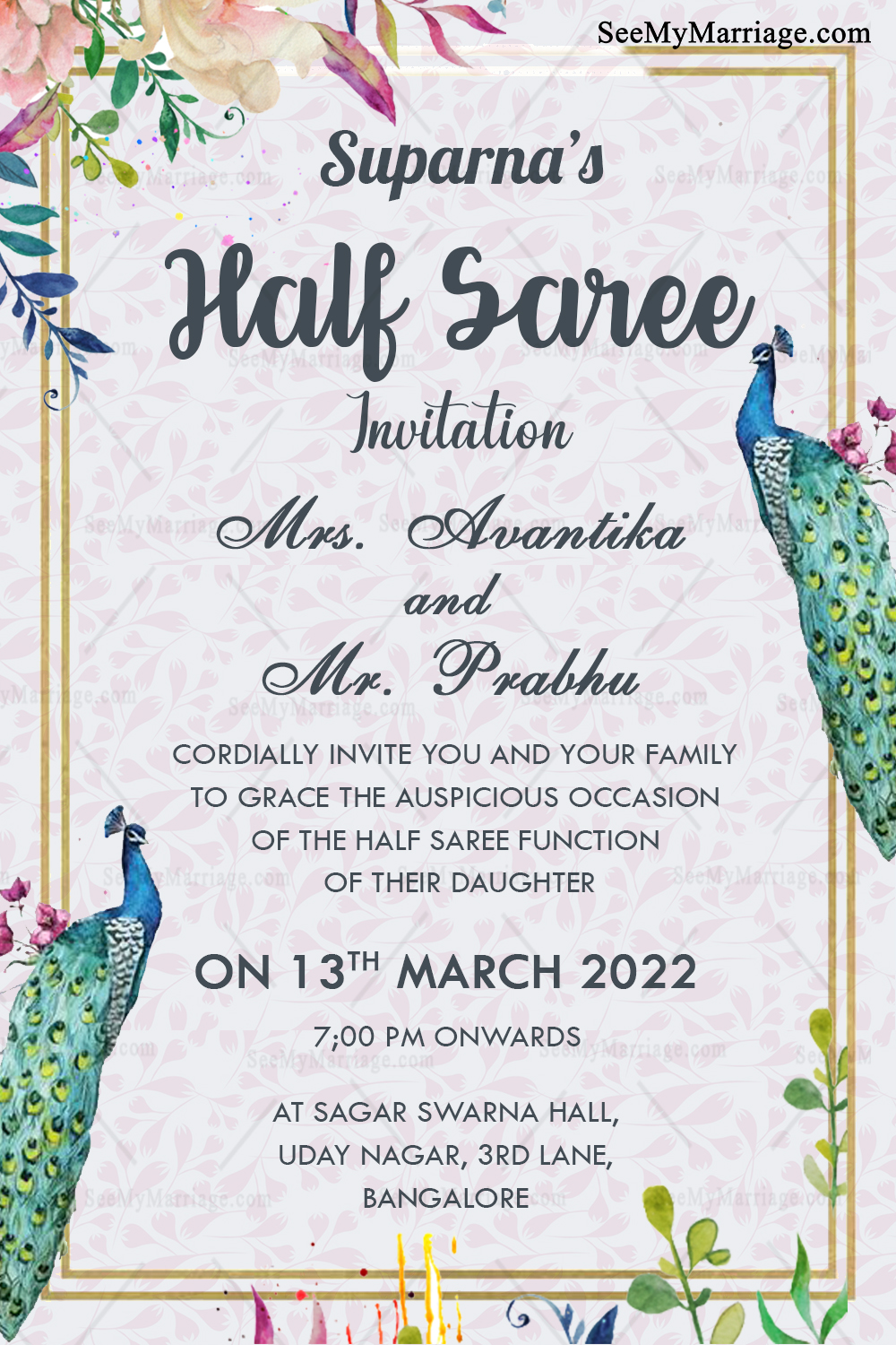Peacock Theme Half Saree Ceremony Invitation Card