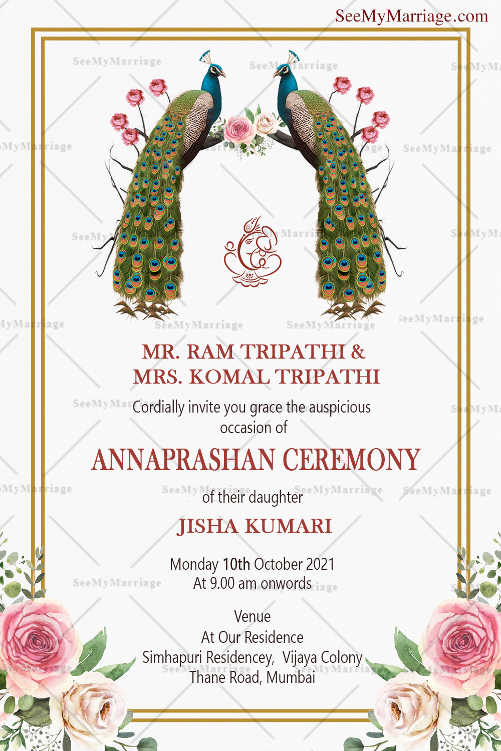 Peacock And Rose Theme Annaprasan Invite Card