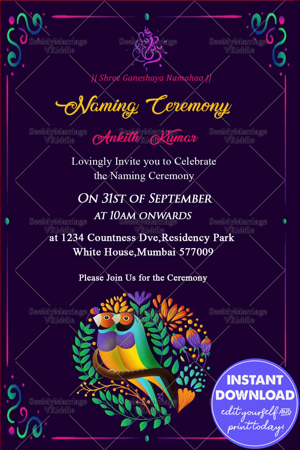 Perssian Blue & Birds Theme Naming Ceremony Invitation Card