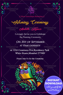 Perssian Blue & Birds Theme Naming Ceremony Invitation Card