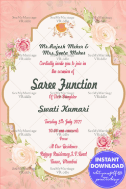 Pink And Cream Floral Theme Half Saree Invitation Card In Light Orange Background