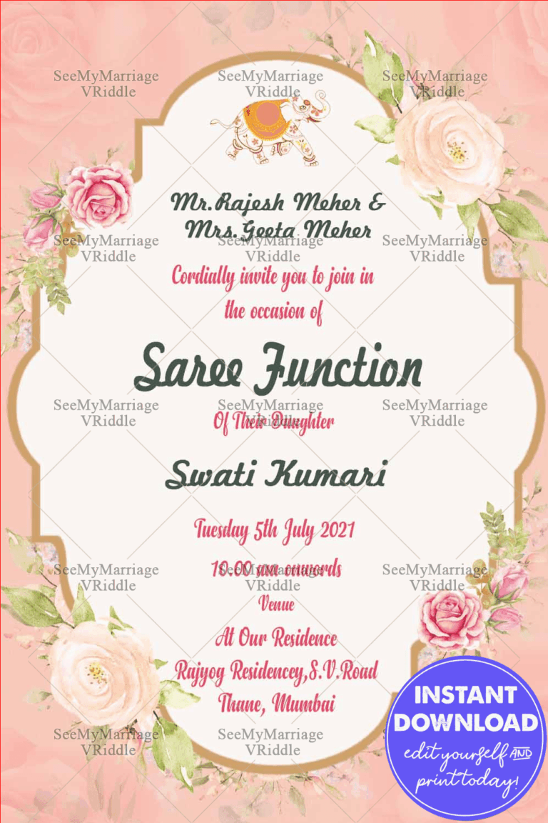 Pink And Cream Floral Theme Half Saree Invitation Card In Light Orange Background