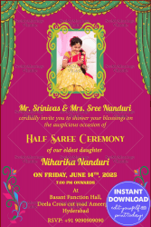 Pink Theme Royal Half Saree Function Invitation Card