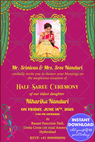 Pink Theme Royal Half Saree Function Invitation Card – SeeMyMarriage