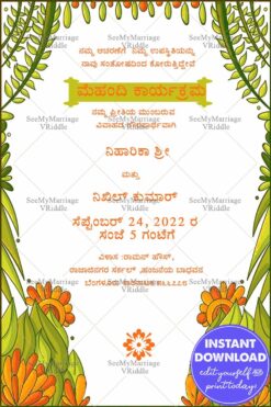 Pretty Floral Mehndi Invitation Card With Green & White Theme In Kannada
