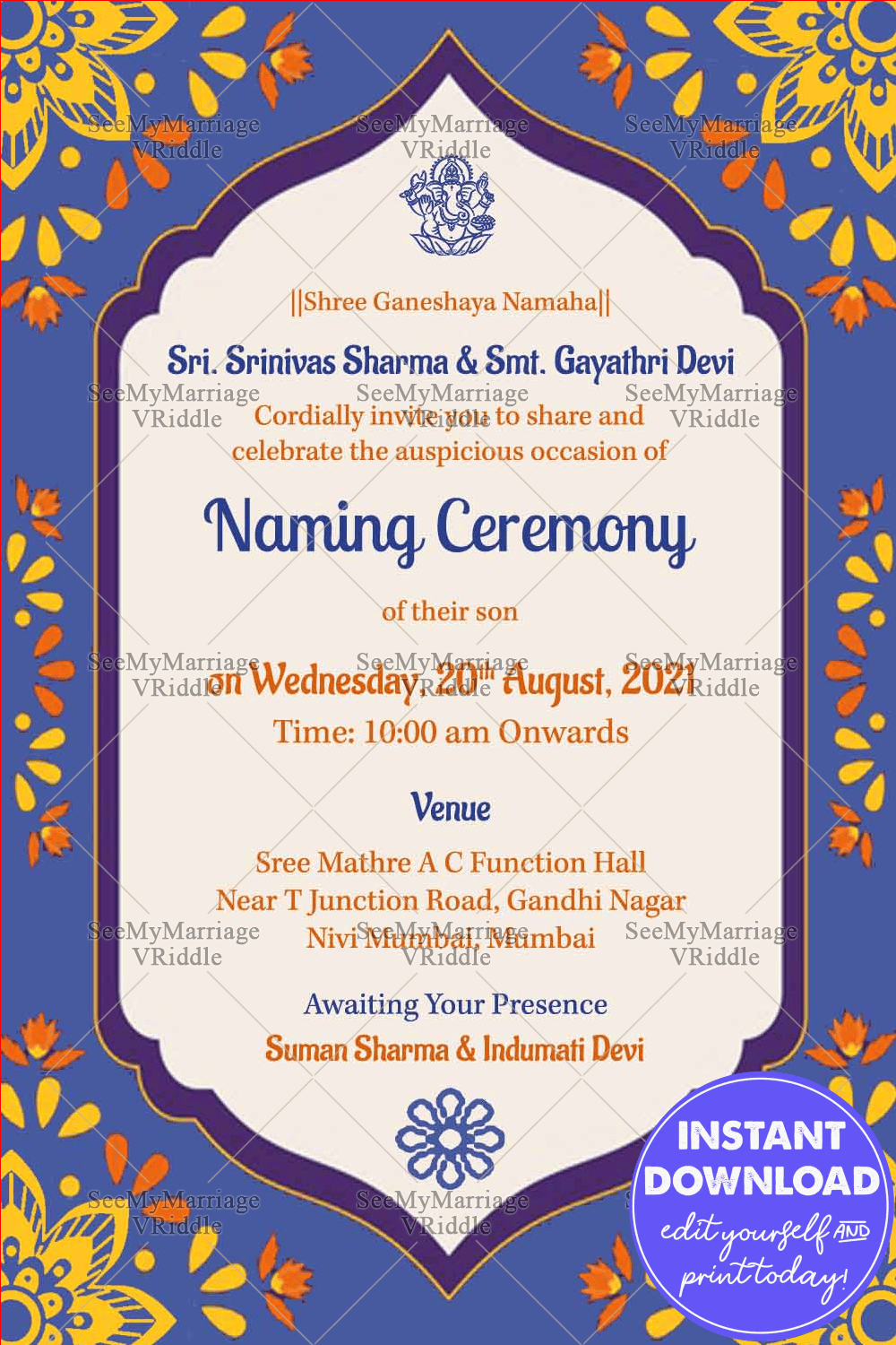 Purple And Cream Floral Theme Unique Naming Ceremony Invitation Card