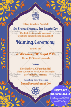 Purple And Cream Floral Theme Unique Naming Ceremony Invitation Card