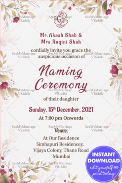 Purple Rose Floral Theme Naming Ceremony Invitation Card