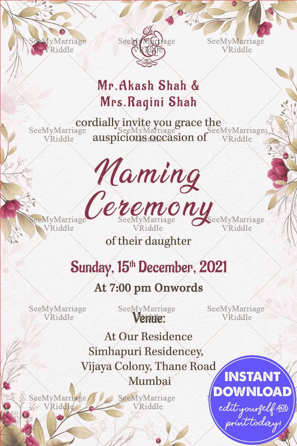 Purple Rose Floral Theme Naming Ceremony Invitation Card