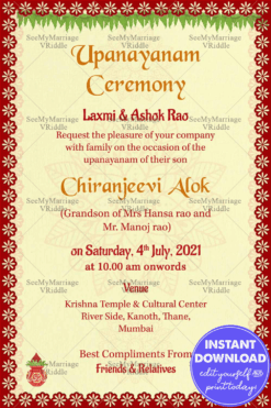 Red Floral Bordered Traditional Upanayanam Ceremony Invitation Card