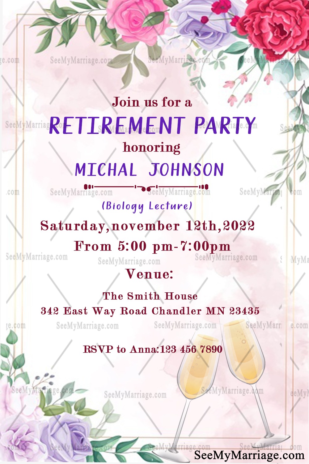 Retirement Cheerful Toast Invitation Card With Floral Flowers Theme