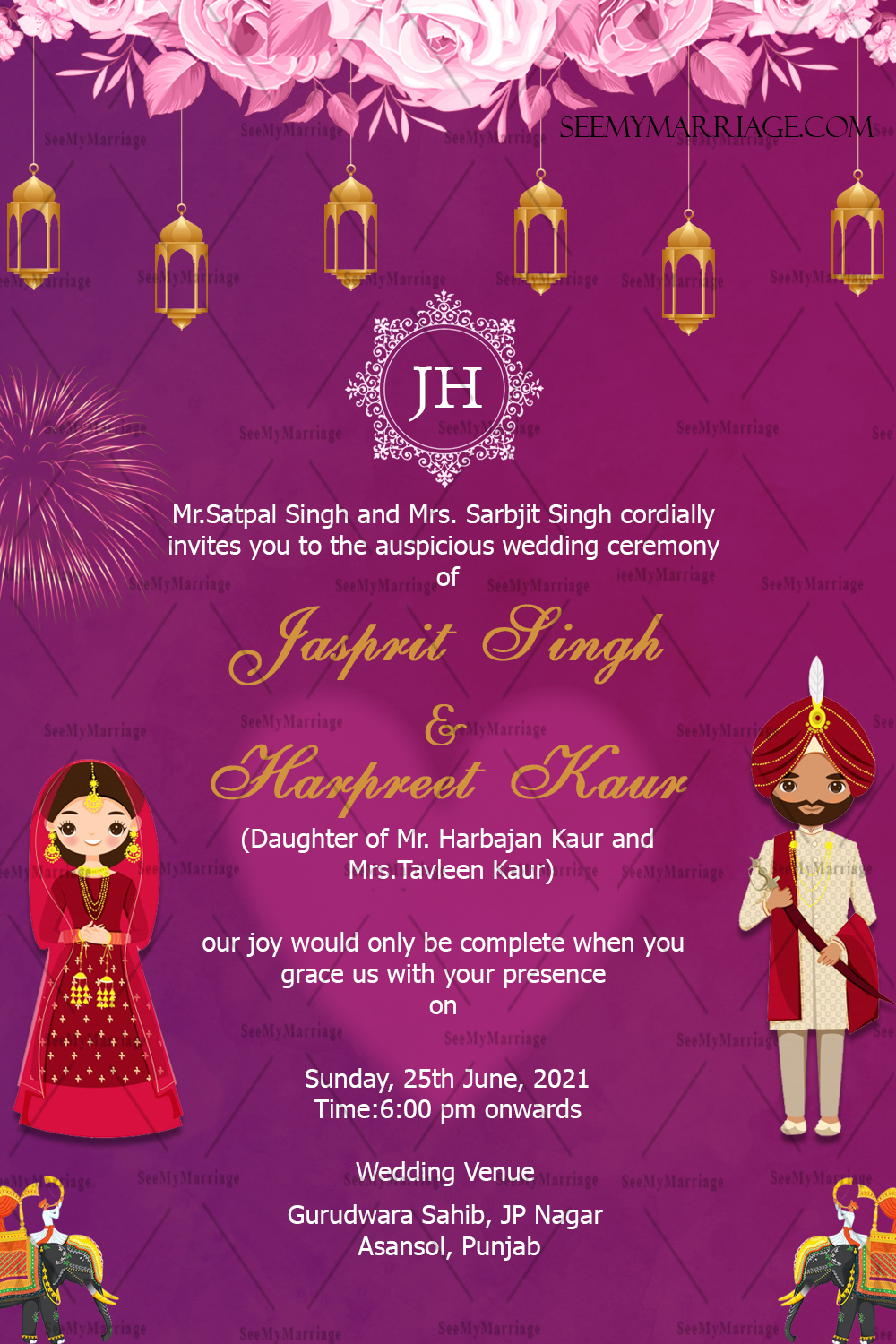 Royal Elephant Theme Punjabi Wedding Invitation Card