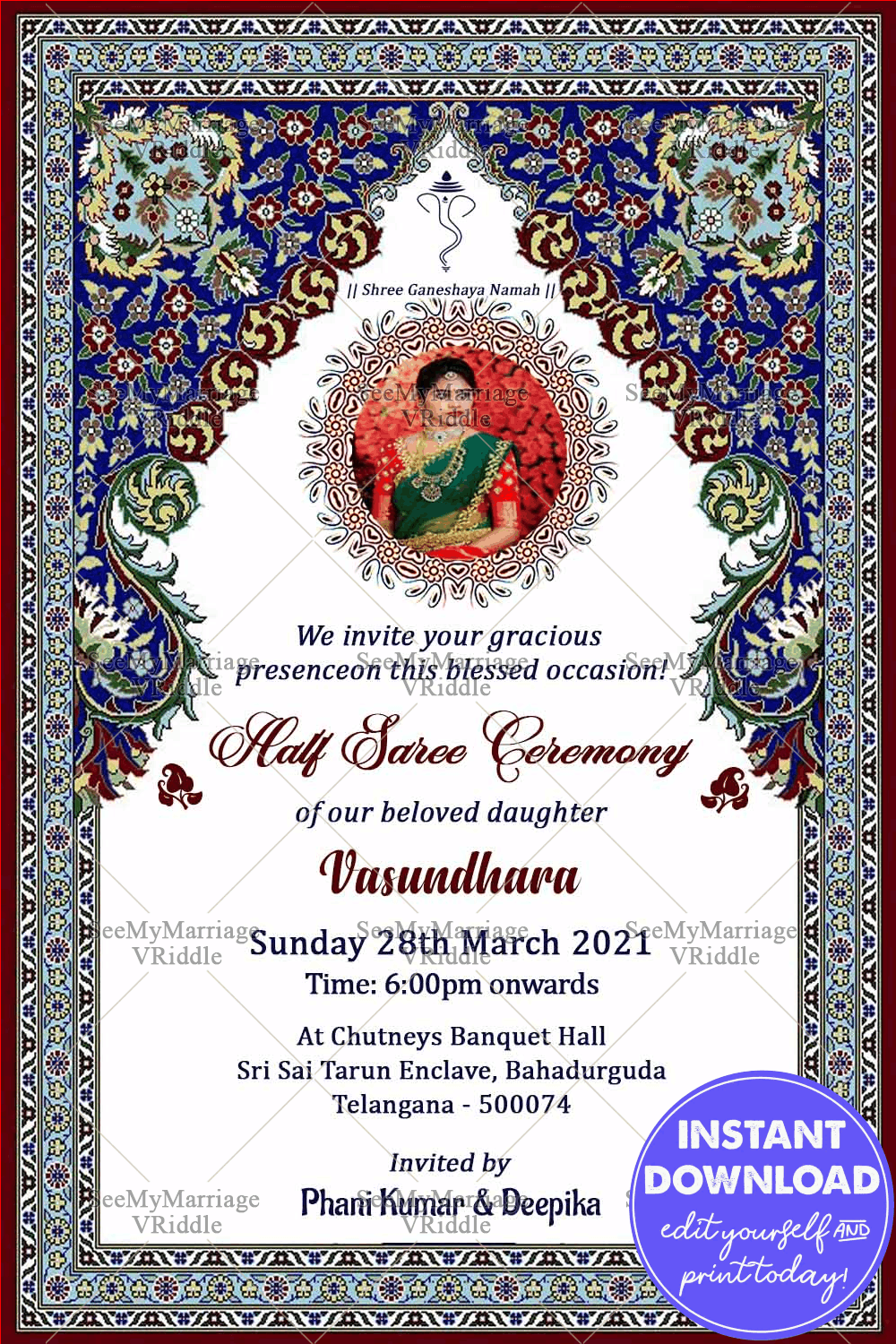 Royal Traditional Half Saree Function Invitation Card with Photo frame