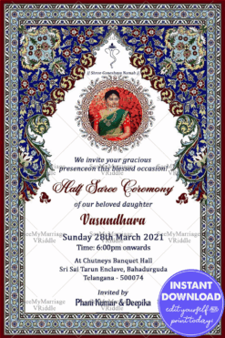 Royal Traditional Half Saree Function Invitation Card with Photo frame