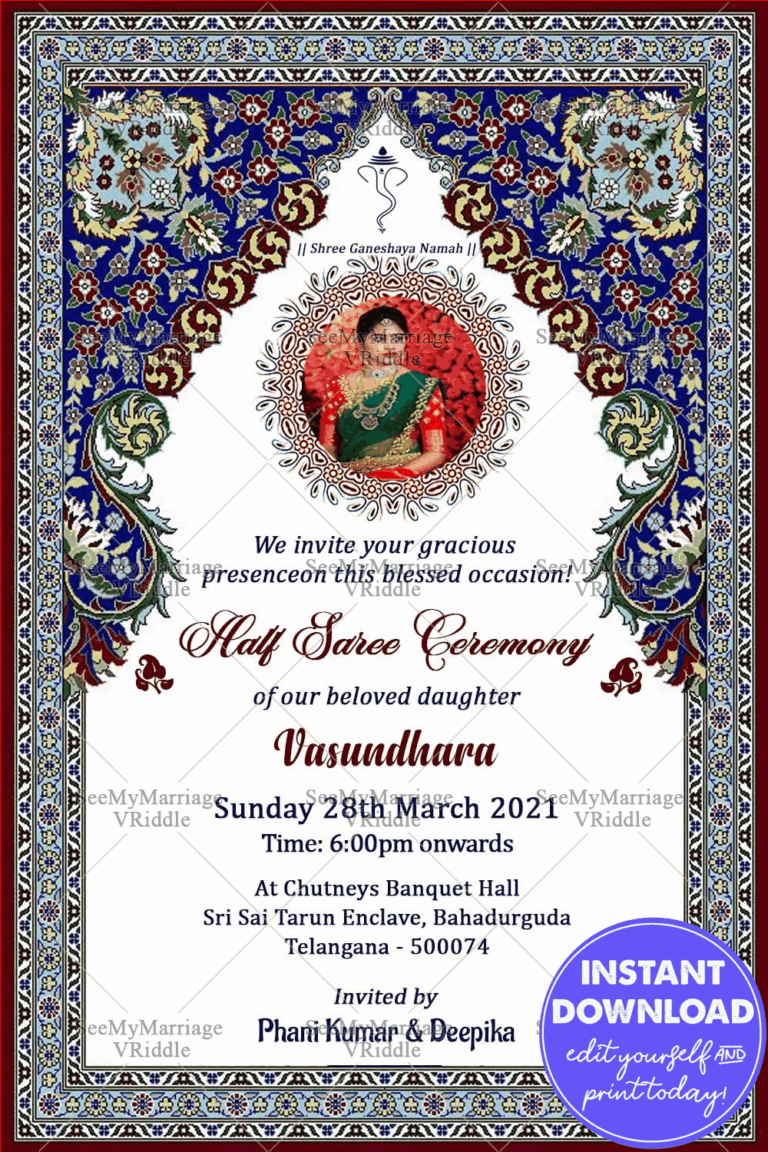 Royal Traditional Half Saree Function Invitation Card with Photo frame