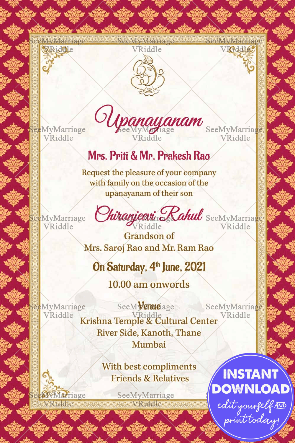 Shri Ganesha Traditional Upanayanam Card