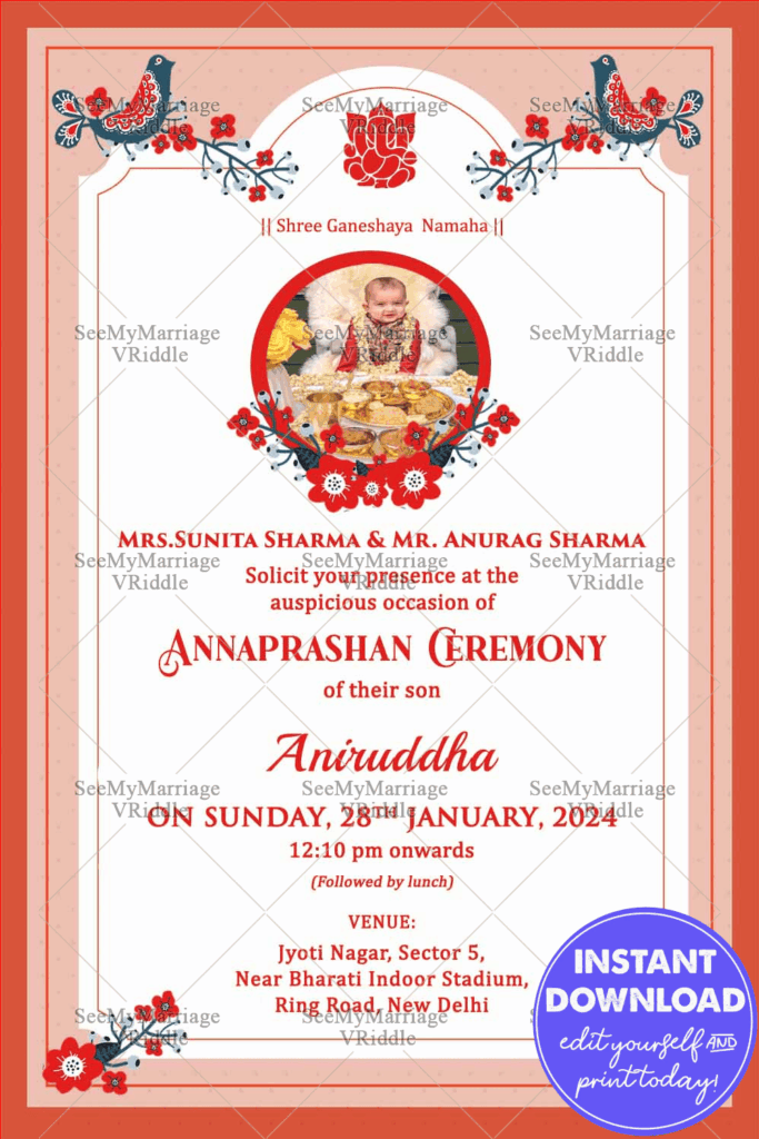 Simple Floral Annaprashan Invitation Card