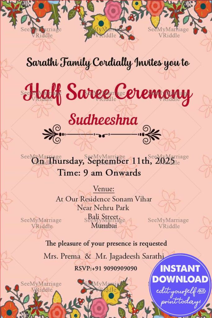 Simple Half Saree Invitation Card With Baby Pink Theme