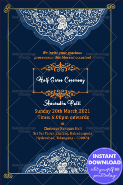 Simple Half Saree Invitation Card With Blue Theme