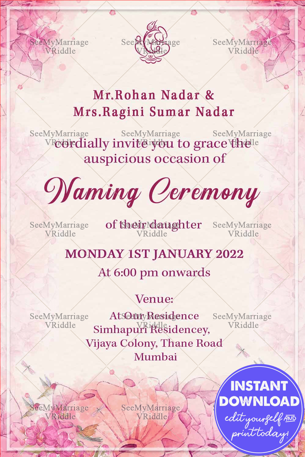 Simple Light Pink Theme Naming Ceremony Invitation Card