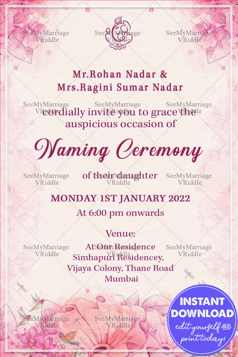 Simple Light Pink Theme Naming Ceremony Invitation Card