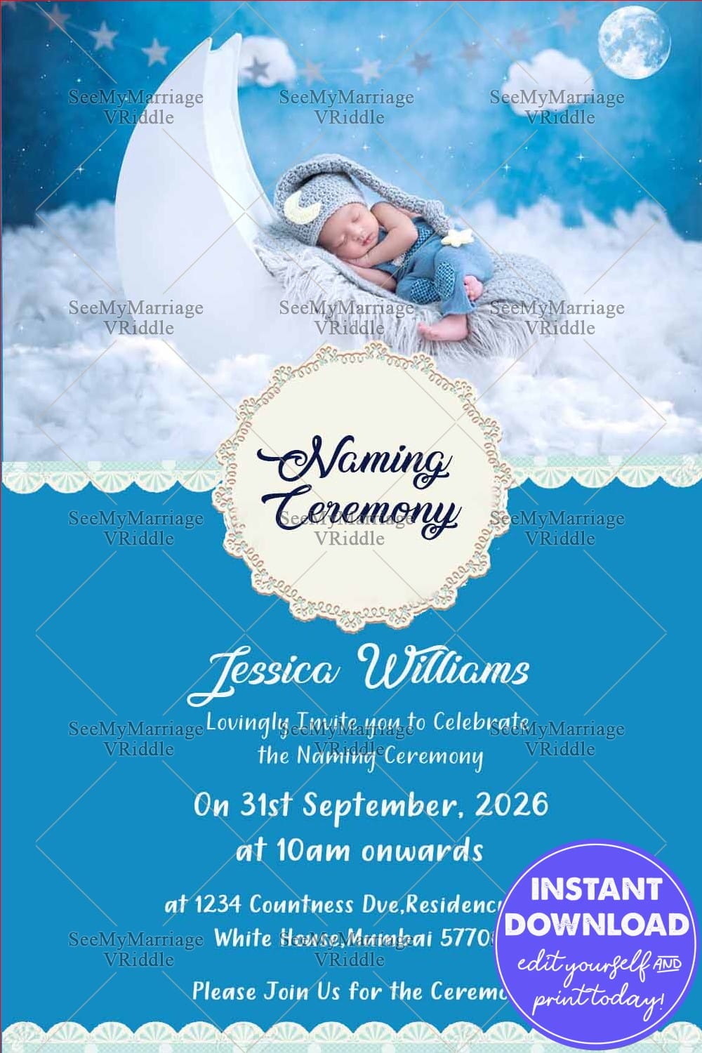 Simple Pattren Naming Invitation Card With Sky Blue Theme