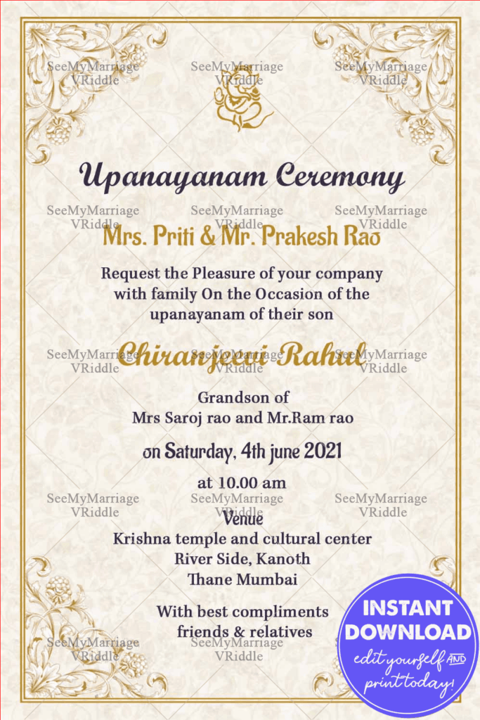 Simple Traditional White Theme Upanayanam Ceremony Invitation Card