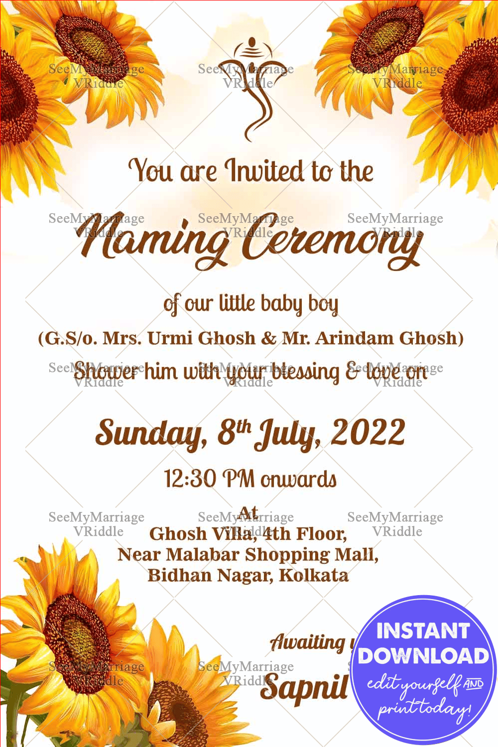 Sunflower Theme Namkaran Invitation Card