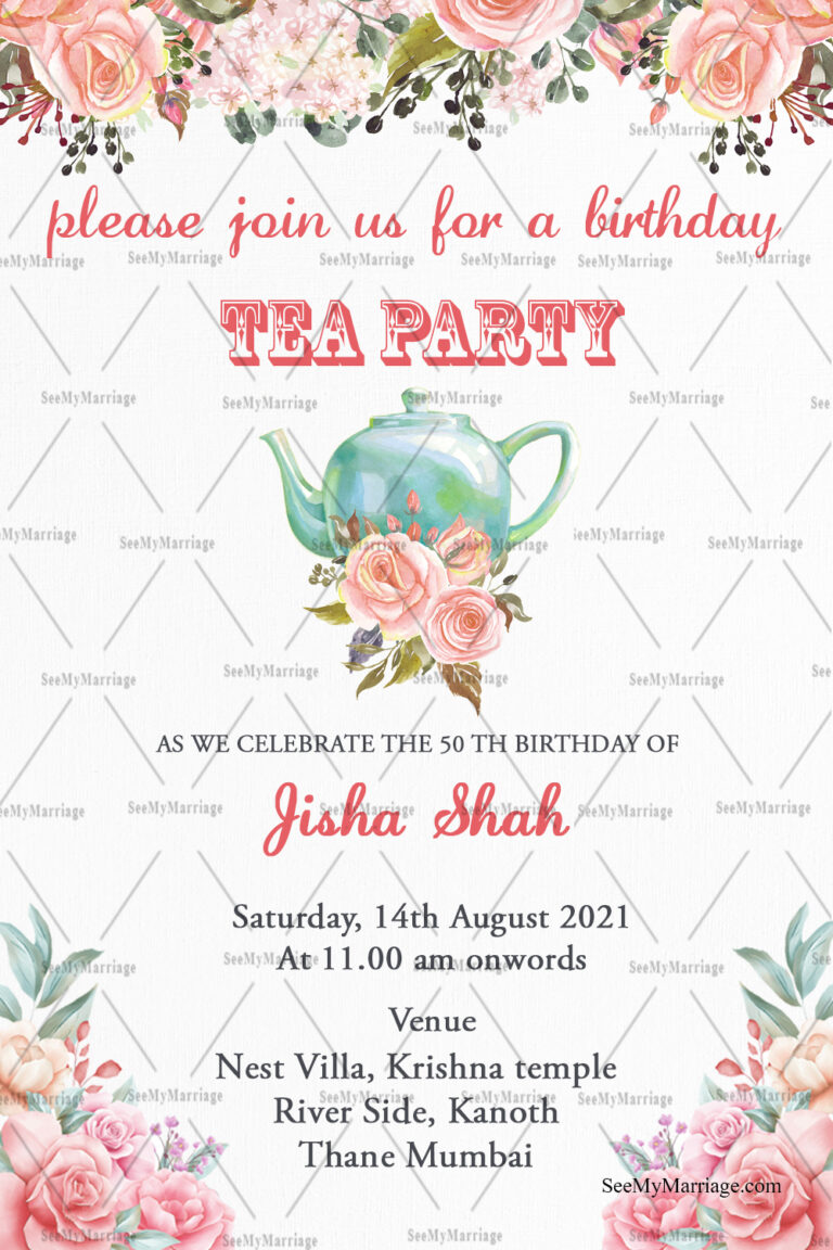 Floral Theme Kitty Party Invitation Card With Blue Tea Pot Illustration