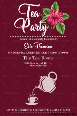 Kitty Tea Party Invitation Card With Maroon Theme