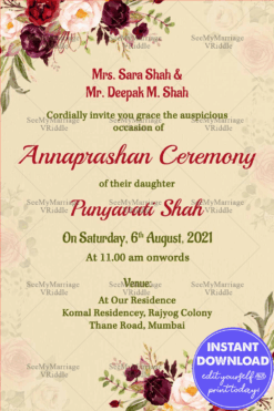 Traditional Cream And Pink Roses Theme Annaprasan Ceremony Invitation Card