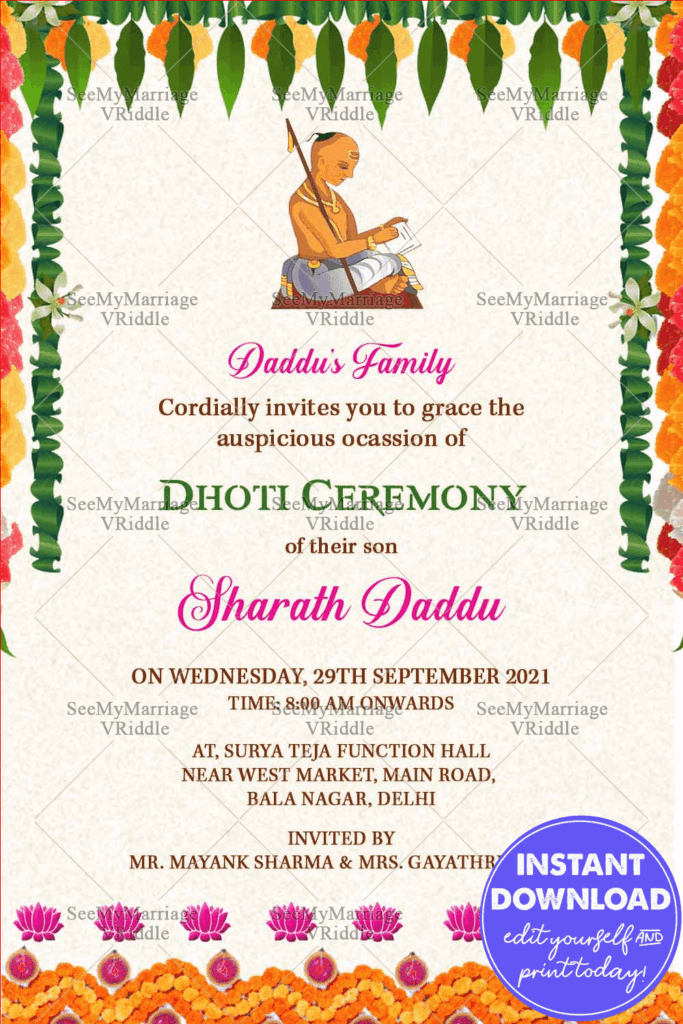 Traditional Cream Theme Dhoti Ceremony Invitation Card Decorated With Marigold Flowers And Mango Leafs